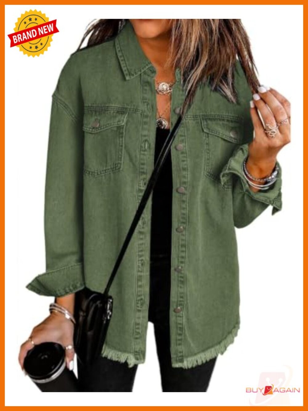 Oversized Button Up Frayed Hem Denim Shacket Jean Jacket Loose Fit